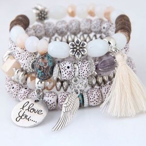 White Beaded Alloy Wing & Love Tag Stretchy Bead Bracelet! *